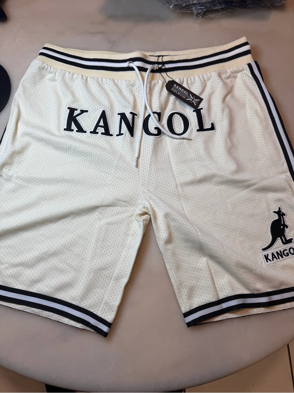 Kangol Men’s Cream Athletic Mesh Shorts with Black Trim